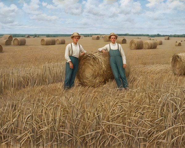 Young Farmers by Haystack in Golden Field