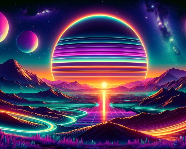 Futuristic landscape with striped planet and glowing rivers