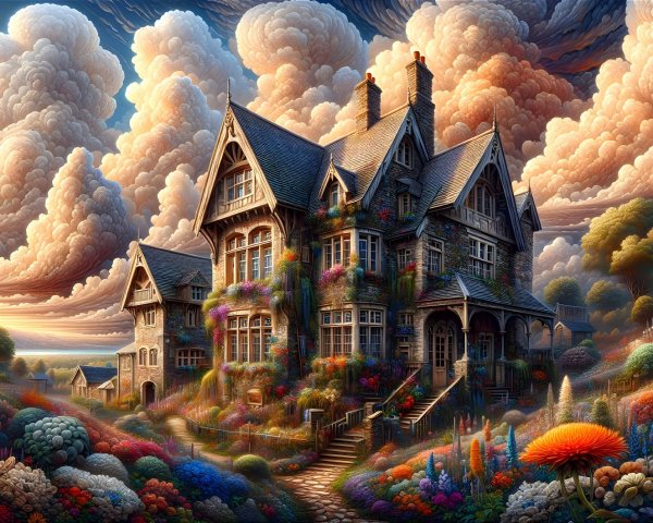 Victorian Mansion Surrounded by Colorful Gardens