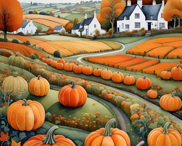 Vibrant Autumn Landscape with Pumpkins and Cottages