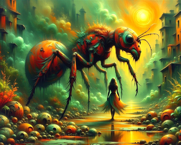 Surreal Landscape with Colossal Ant and Dreamlike Elements