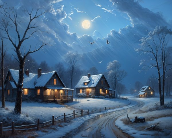 Serene winter landscape under a full moon glow