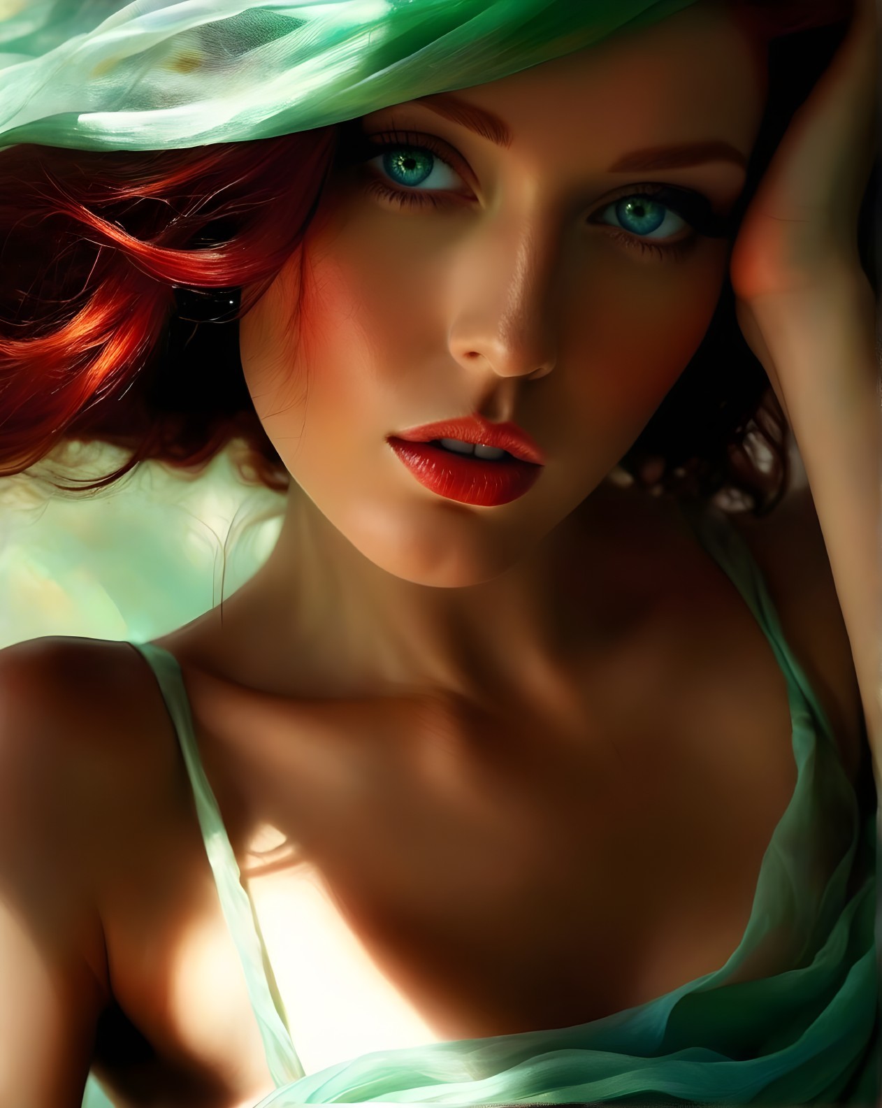 Woman with Emerald Eyes and Flowing Red Hair