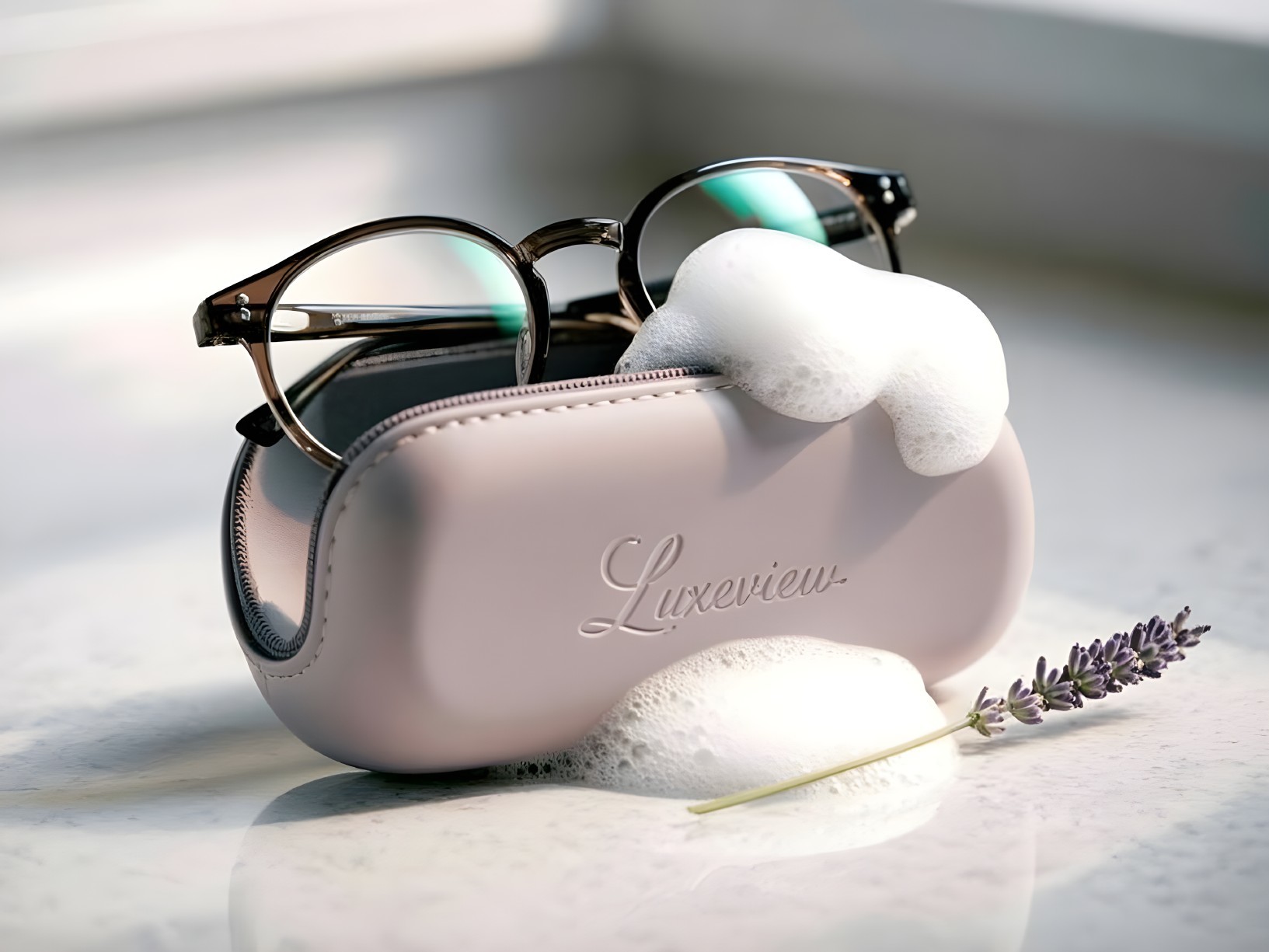 Light Pink Eyeglass Case with Glasses and Lavender