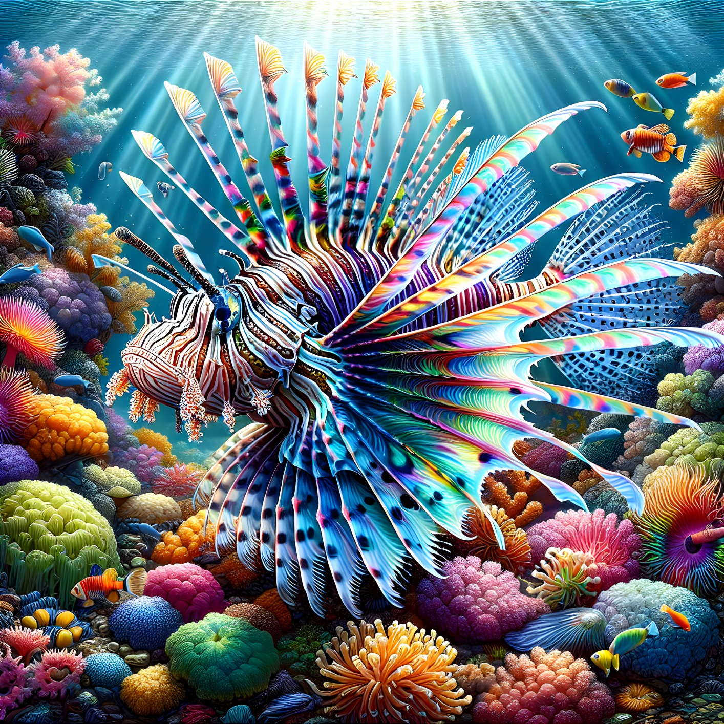 Lionfish in a Colorful Coral Reef Scene