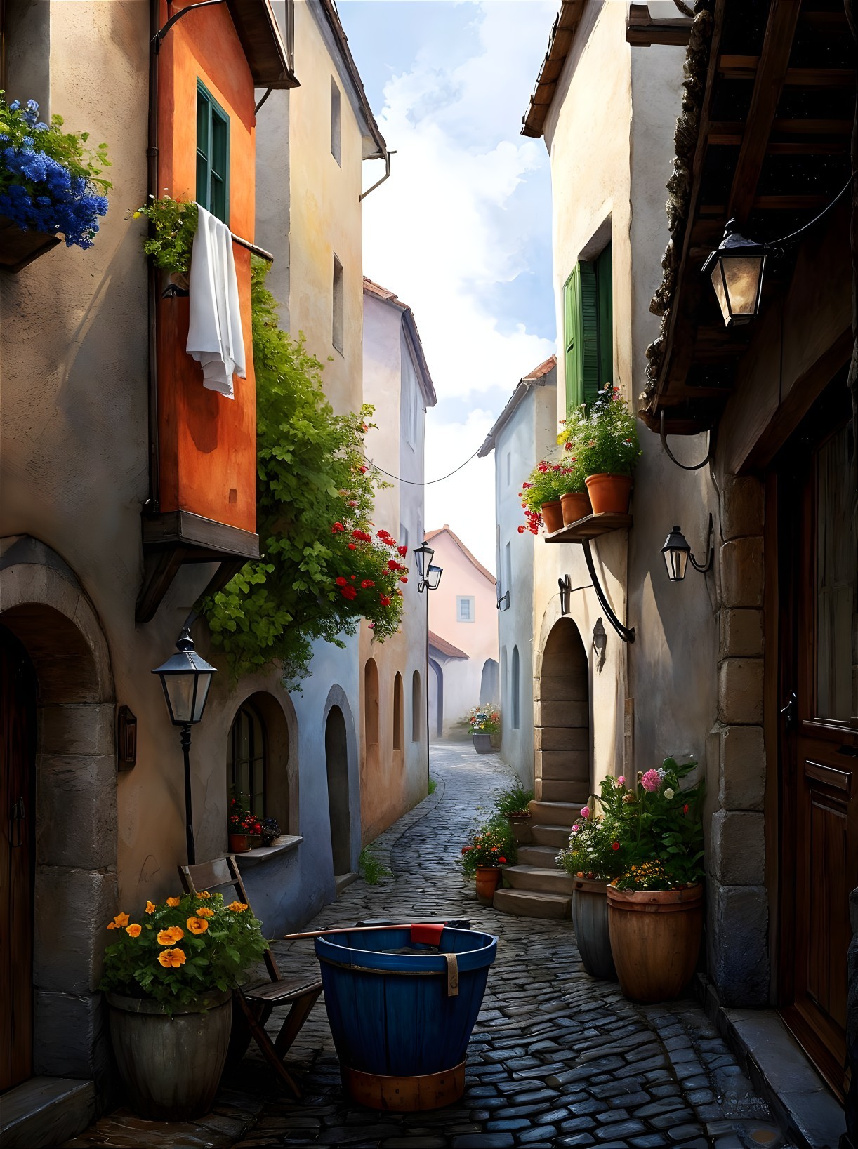 Charming Narrow Alleyway in Quaint Village Setting