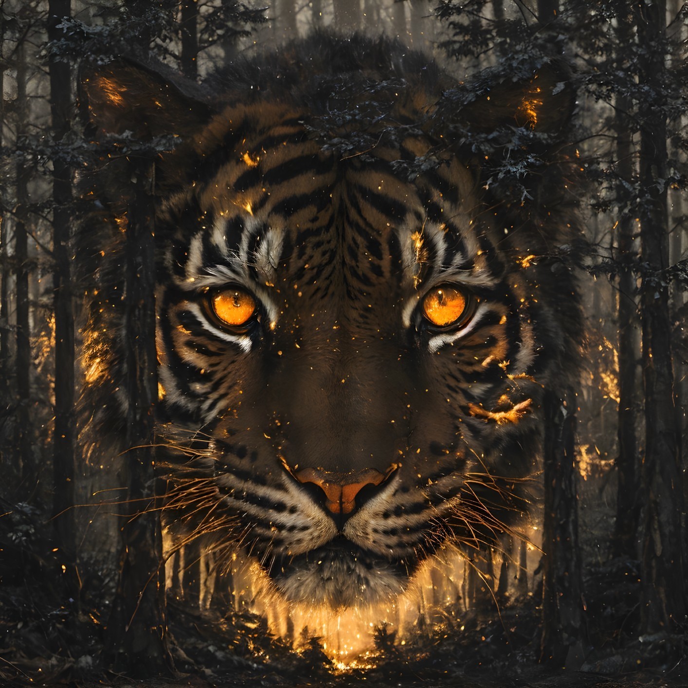 Tiger's Face Blended with Sunlit Forest in Digital Art