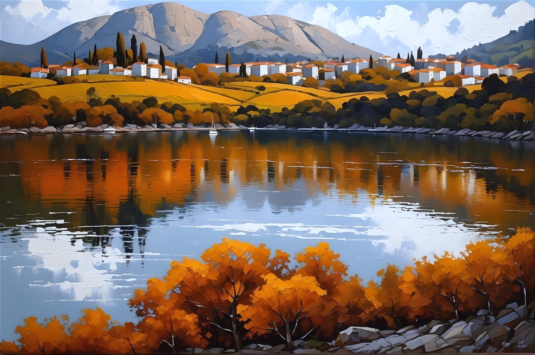Serene Autumn Landscape with Calm Lake and Hills