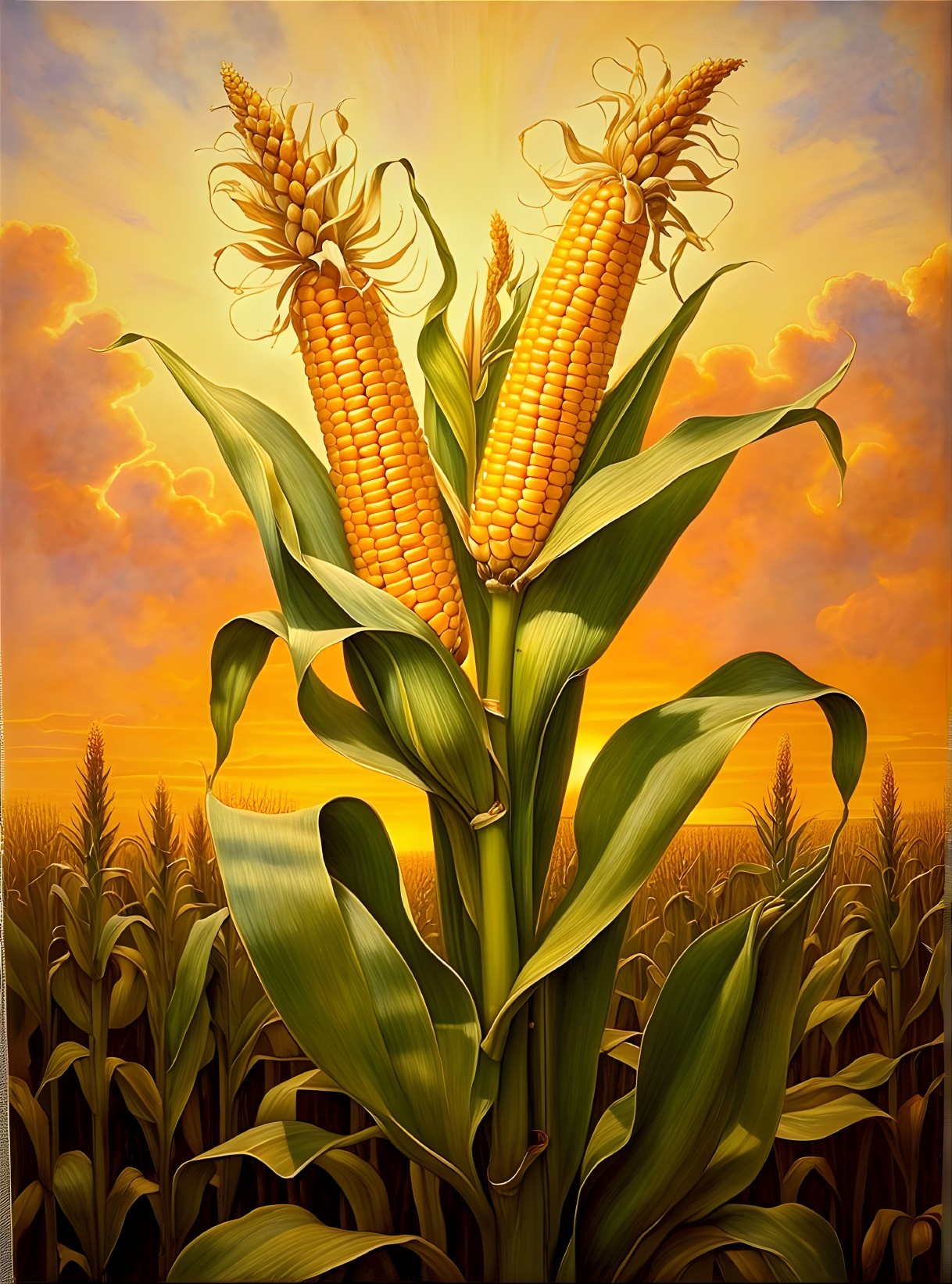 Golden Corn Cobs Against Vibrant Sunset Background