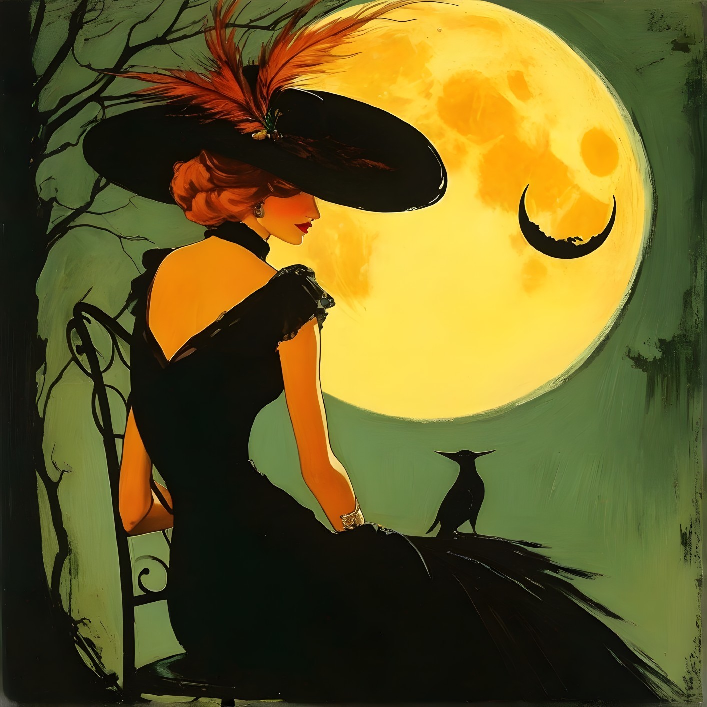 Elegant Woman in Black Dress with Raven and Moons