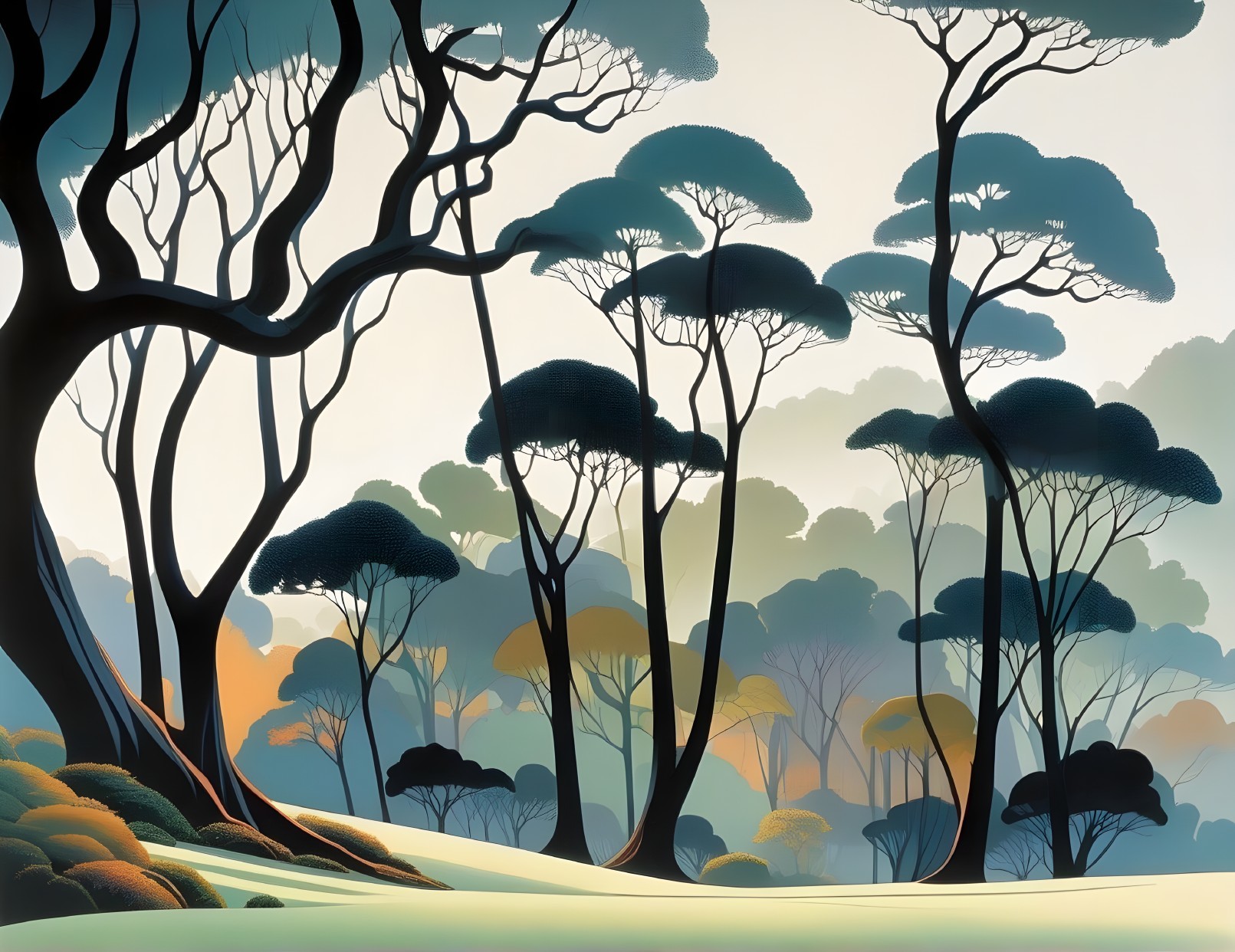 Serene Landscape with Stylized Trees and Misty Background