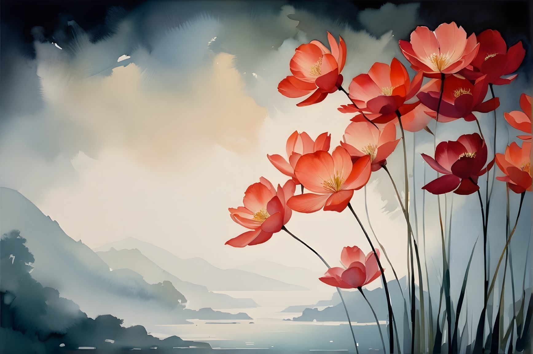 Vibrant Red Lotus Flowers in Serene Landscape