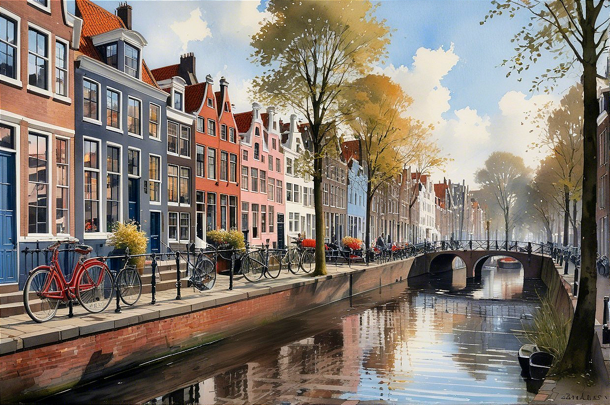 Charming Amsterdam Canal Scene with Colorful Houses