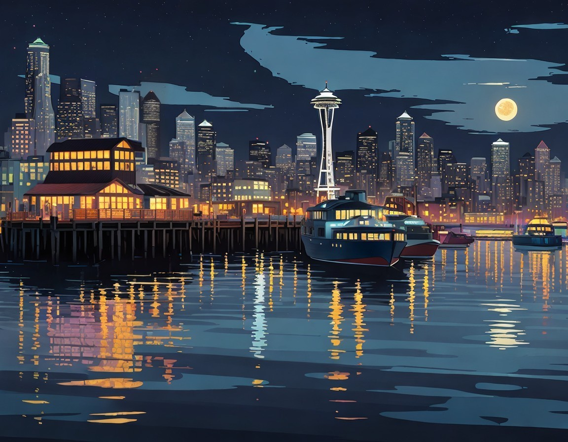 Nighttime cityscape with Space Needle, boats, water reflections, full moon