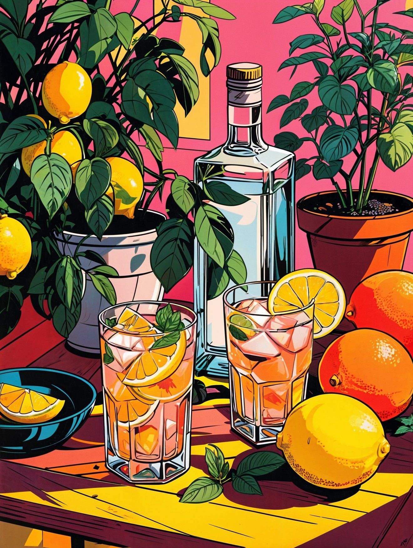 Vibrant Still Life of Citrus Cocktails and Lemons