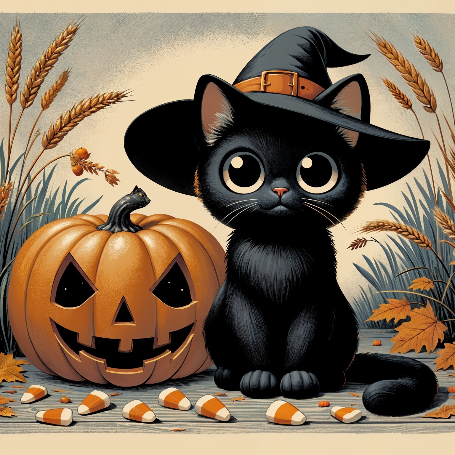 Black Cat with Witch Hat and Pumpkin in Autumn Scene