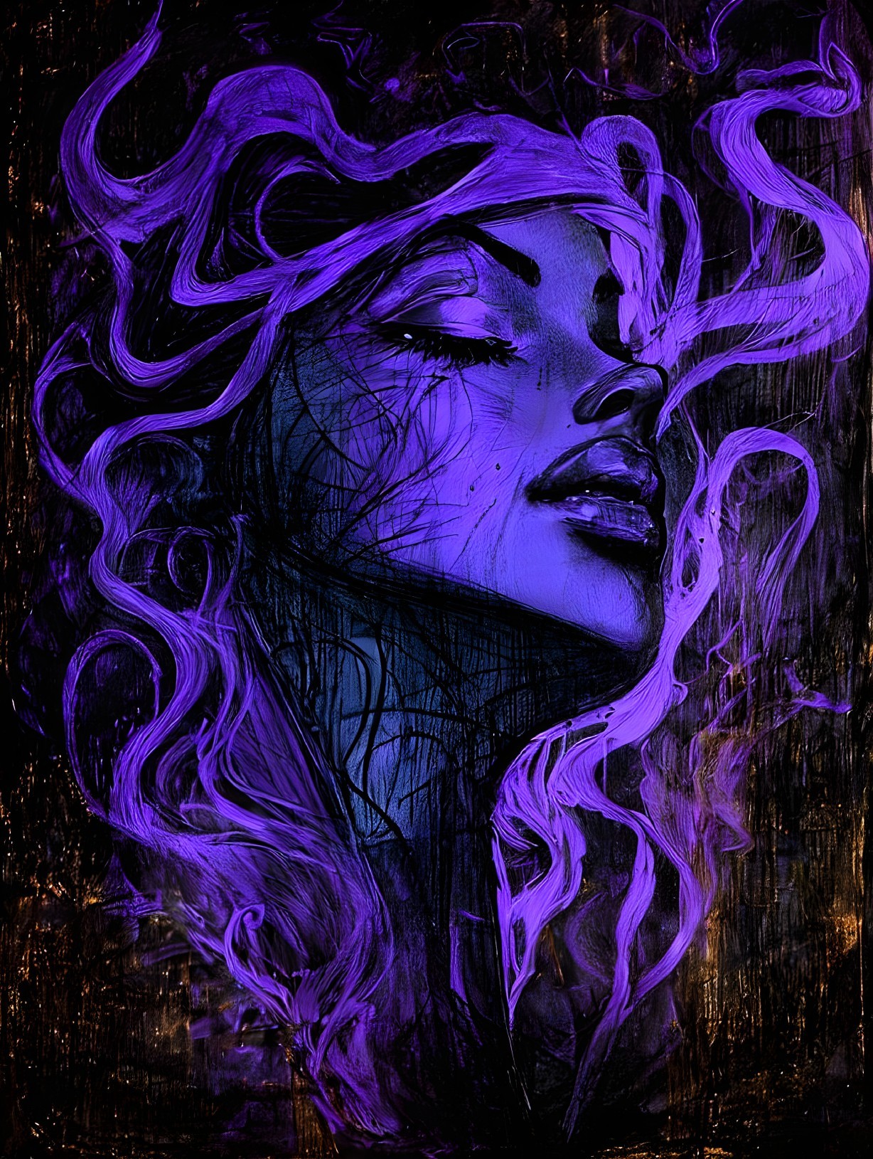 Portrait of a Woman with Purple Hair and Ethereal Elements