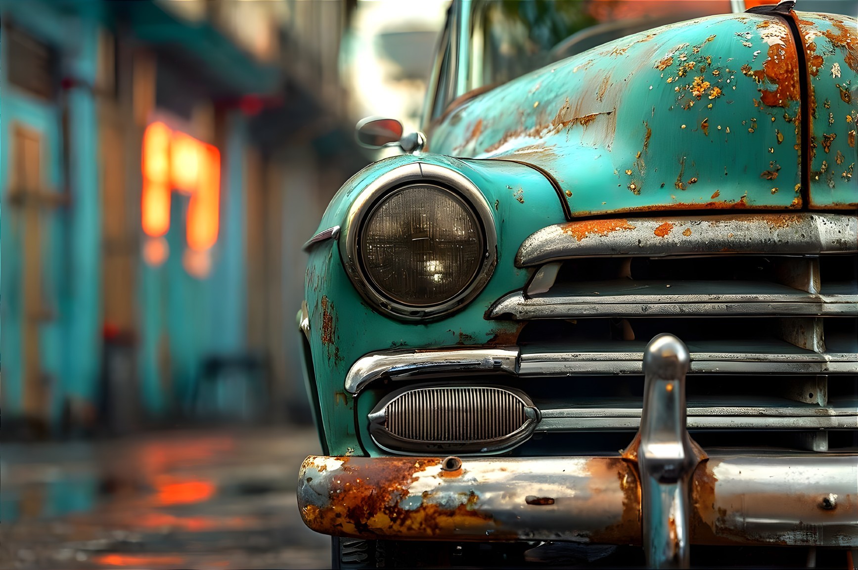 Vintage Car with Distressed Turquoise Exterior