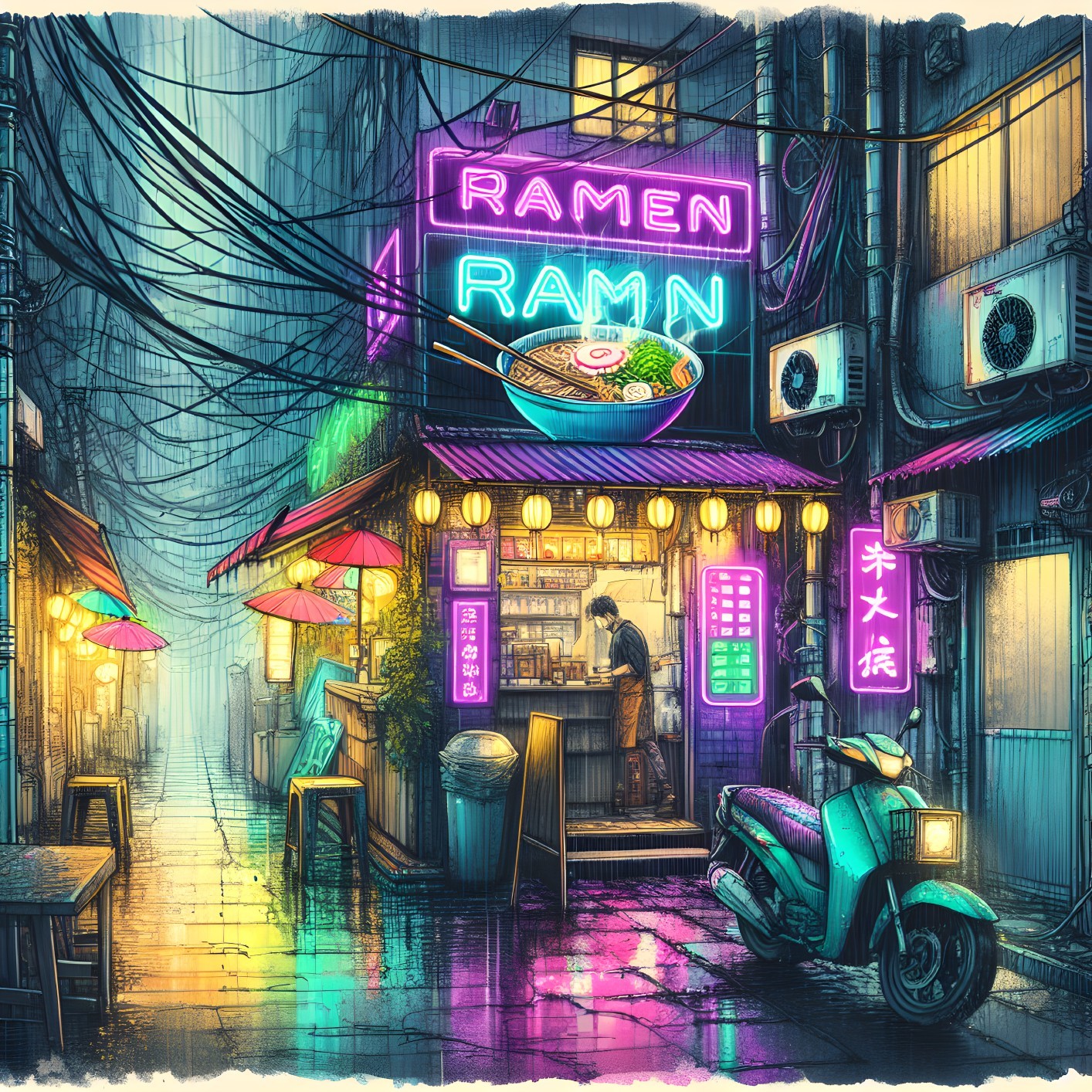 Neon-Lit Ramen Shop in a Bustling Alley Scene