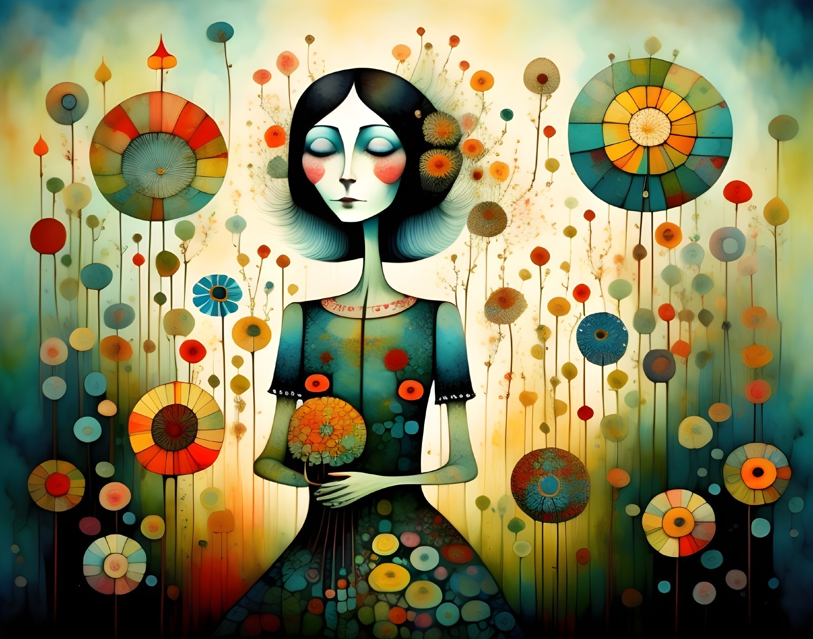 Vibrant Artwork of Serene Woman with Colorful Flora