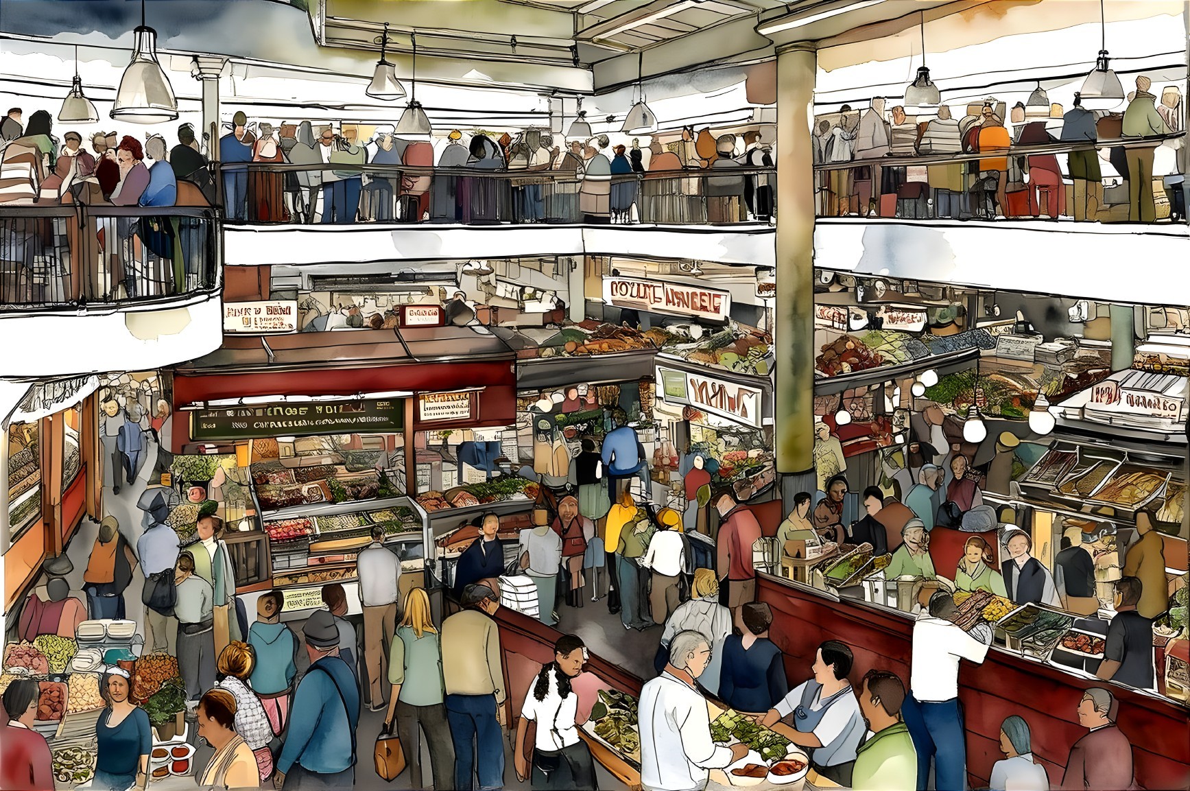 Vibrant Multilevel Food Market Scene with Diverse Crowds