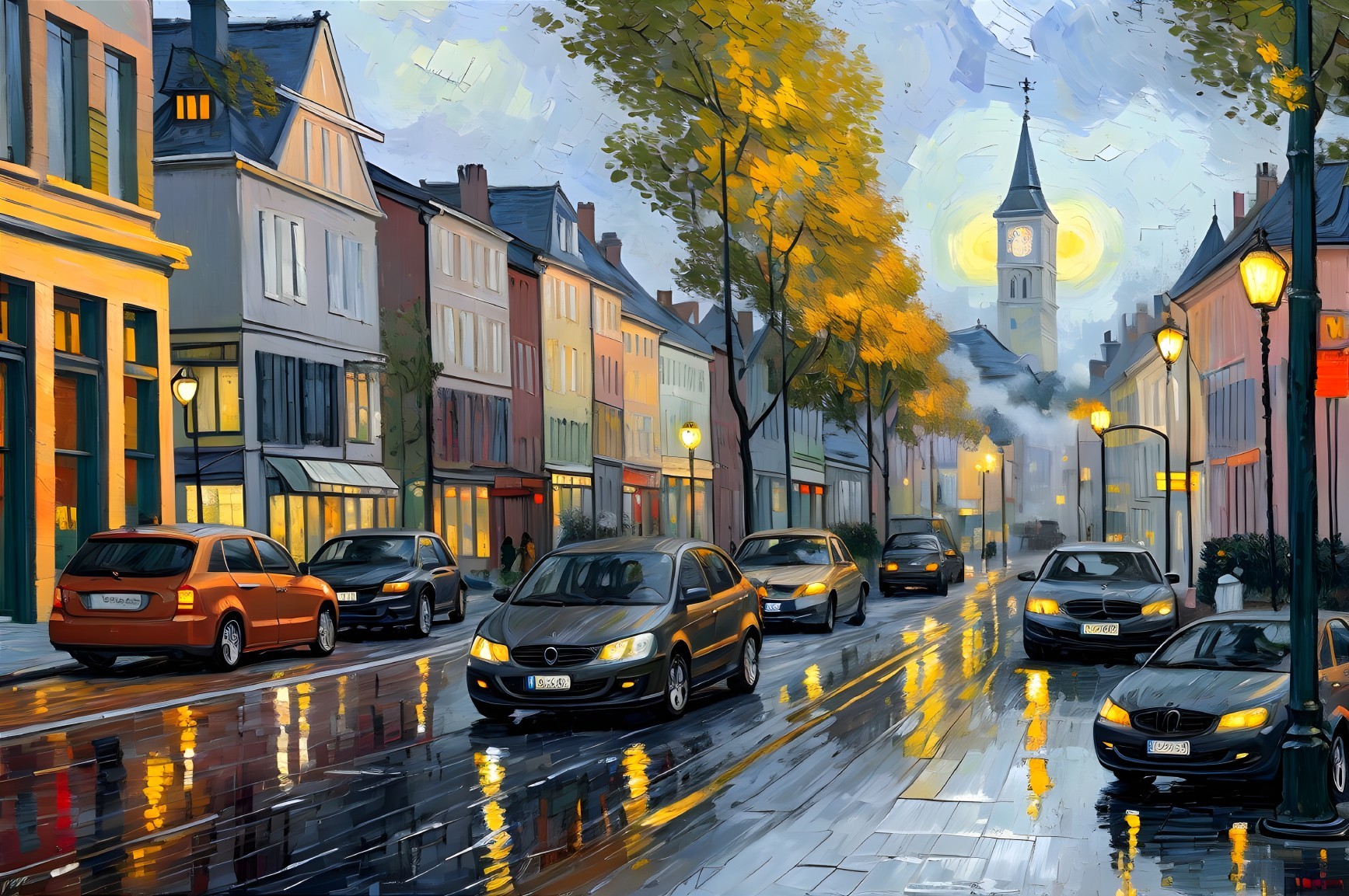 Quaint Town Street Scene at Dusk with Pastel Buildings