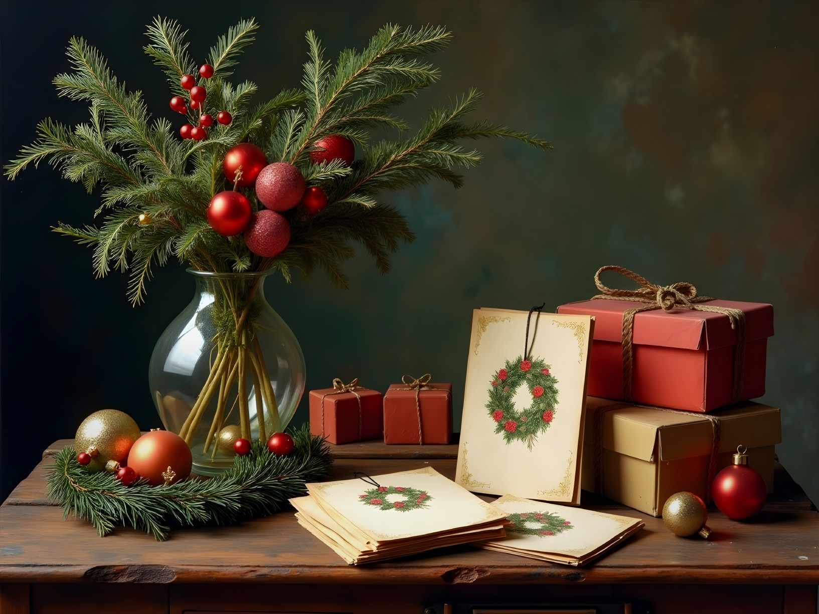 Festive Holiday Display with Ornaments and Gifts