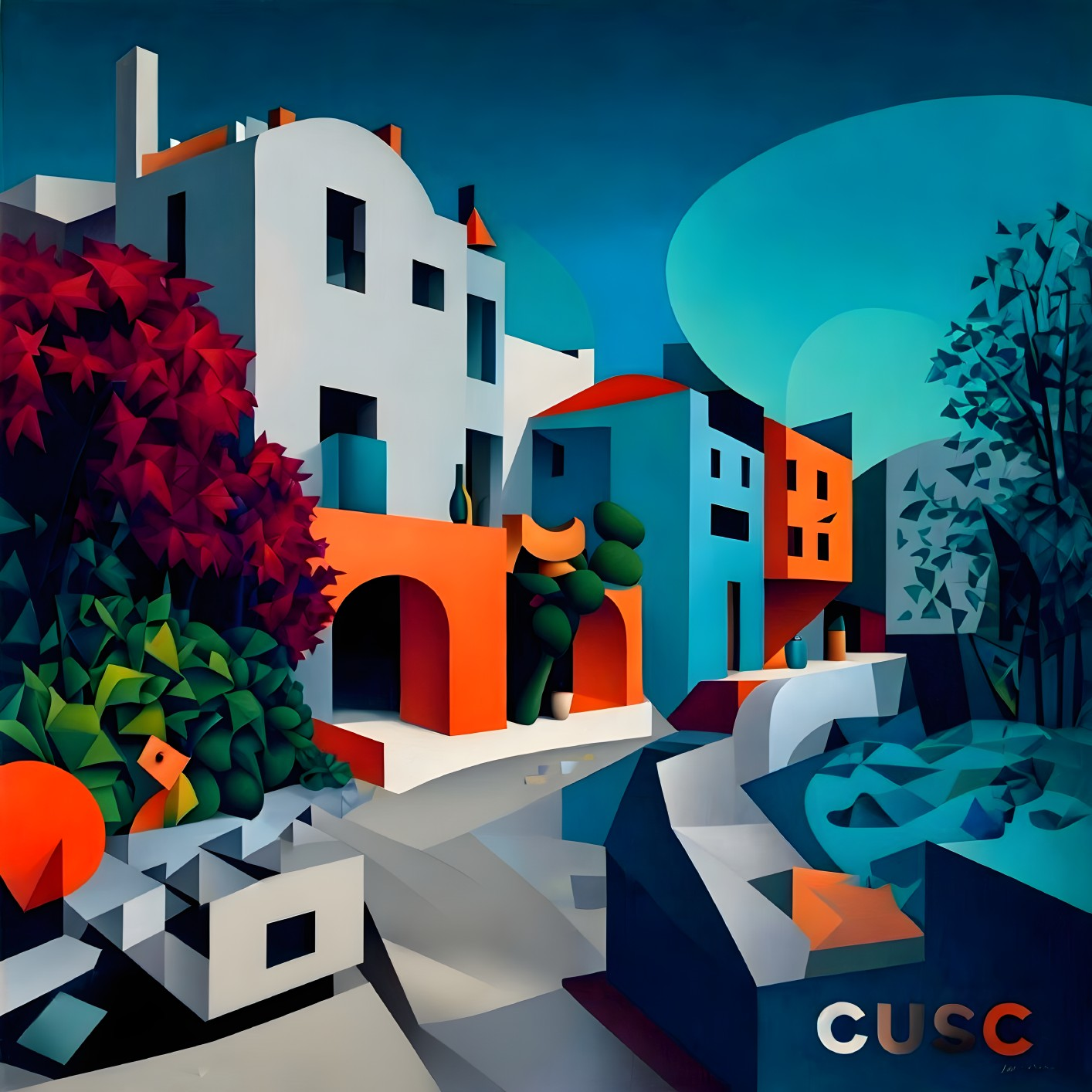 Vibrant Abstract Landscape with Geometric Buildings