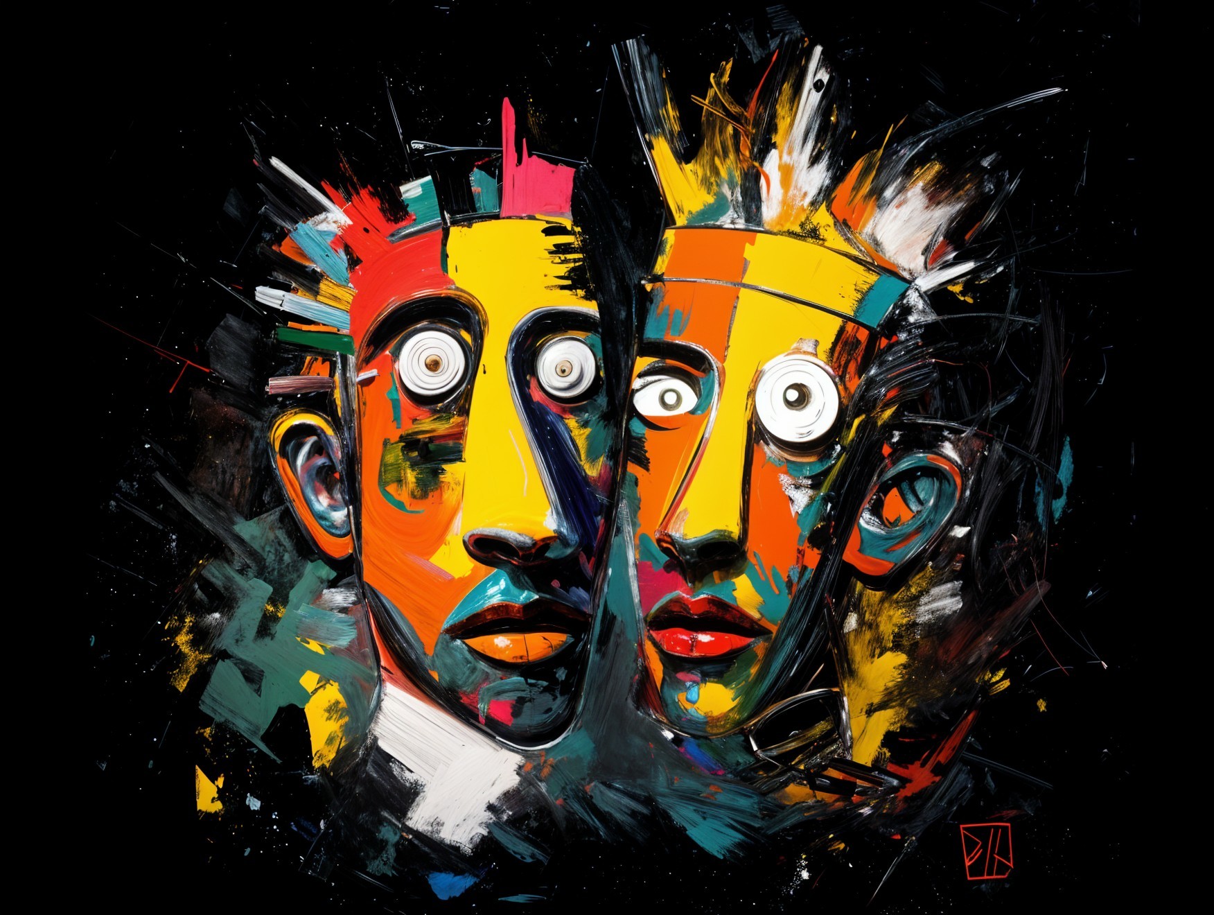 Stylized Faces with Bold Colors on Dark Background