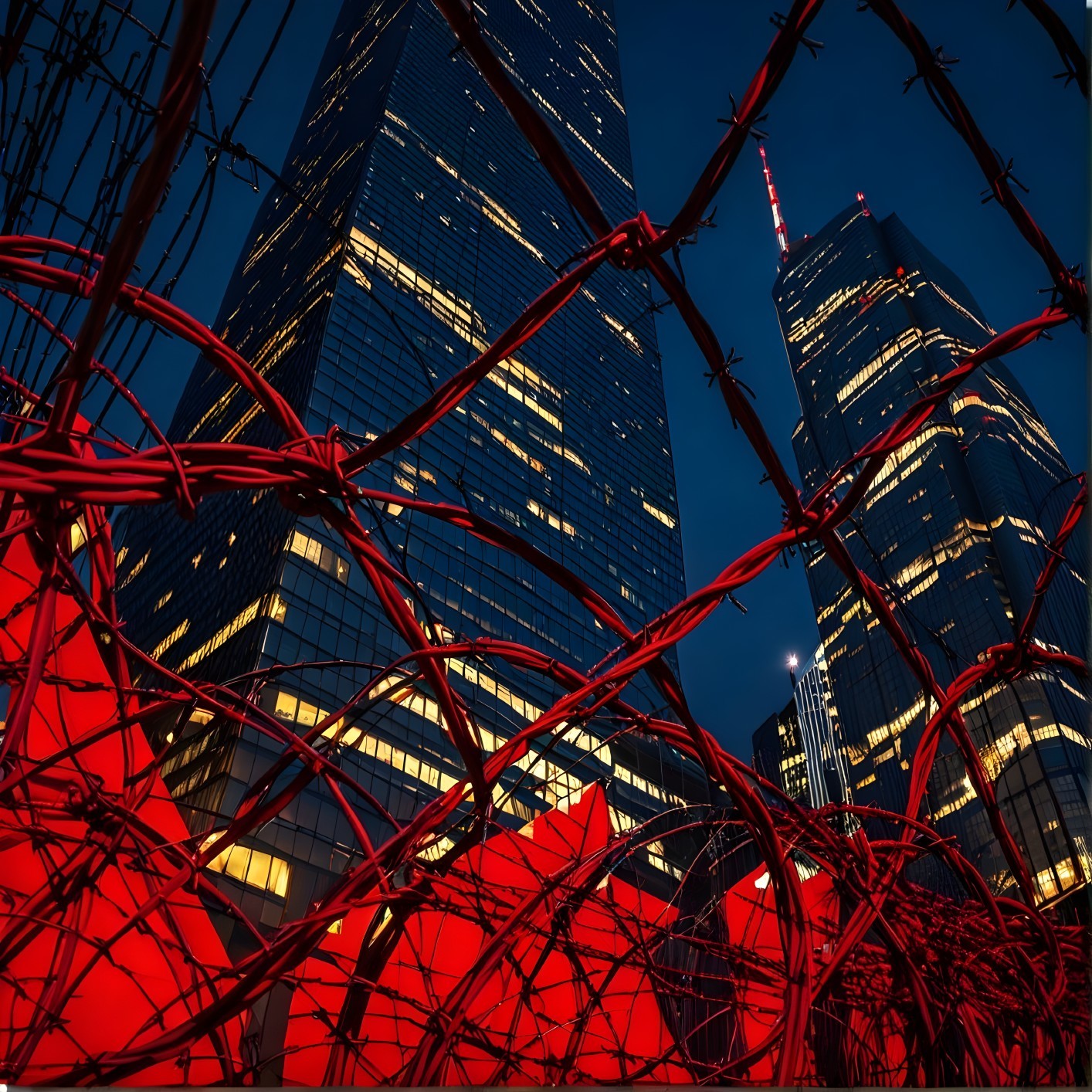 Skyscrapers and Barbed Wire in Urban Contrast