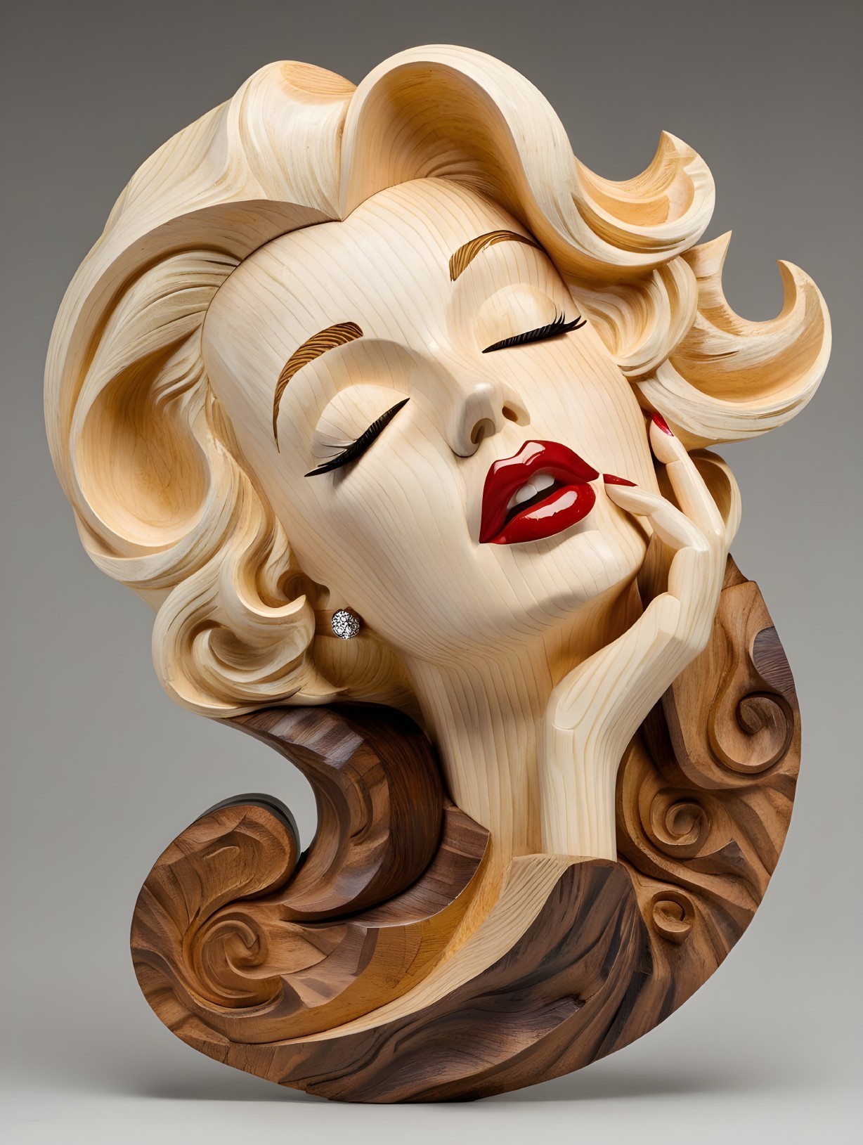 Wooden Sculpture of Glamorous Woman with Elegant Hair