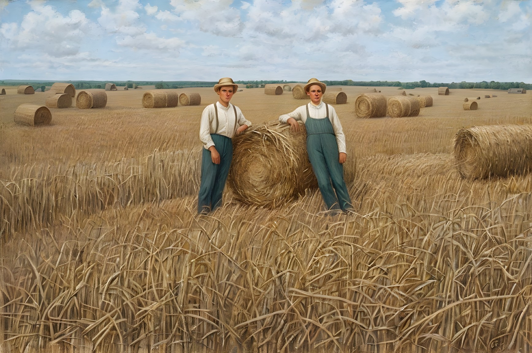 Young Farmers by Haystack in Golden Field