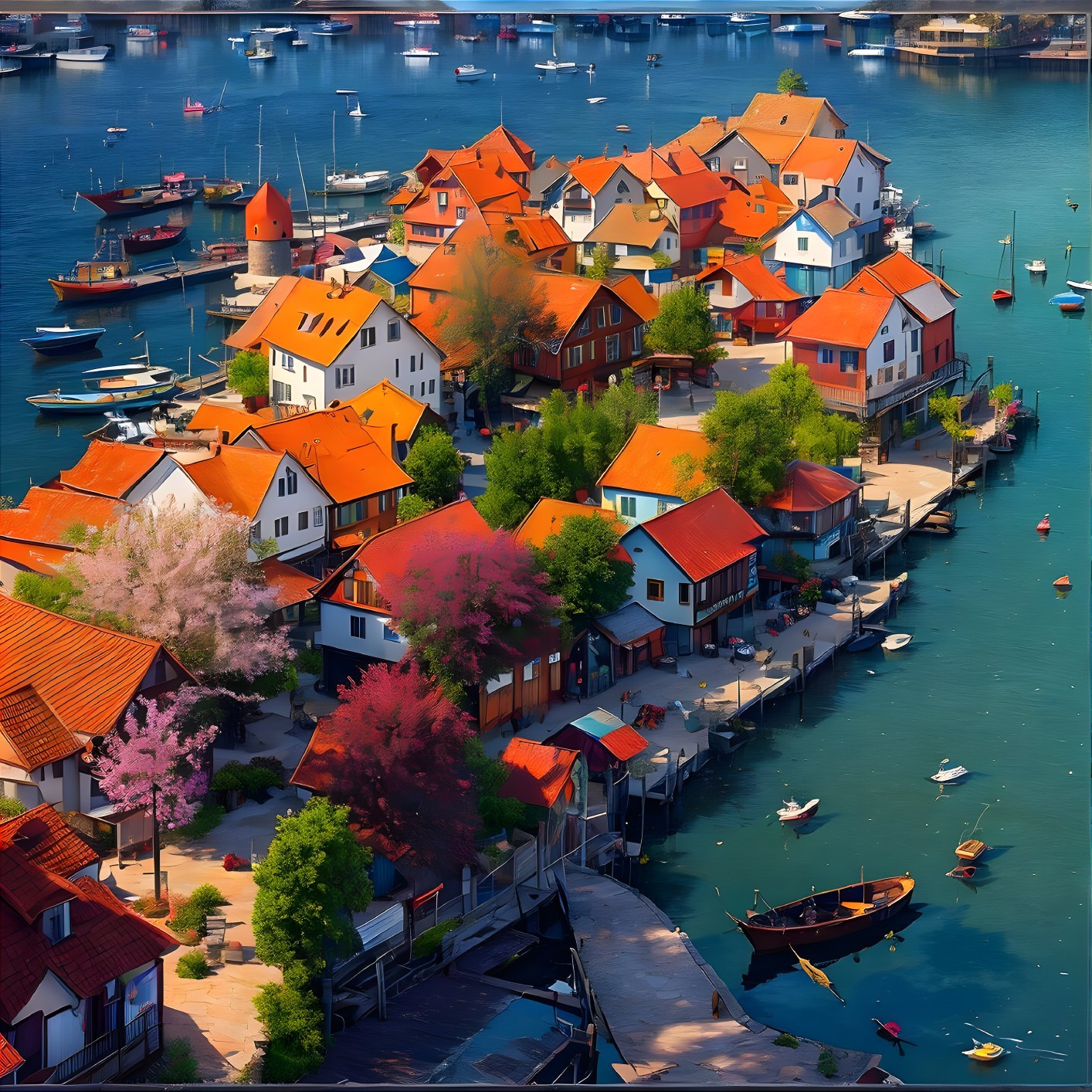 Picturesque Waterfront Village with Colorful Homes