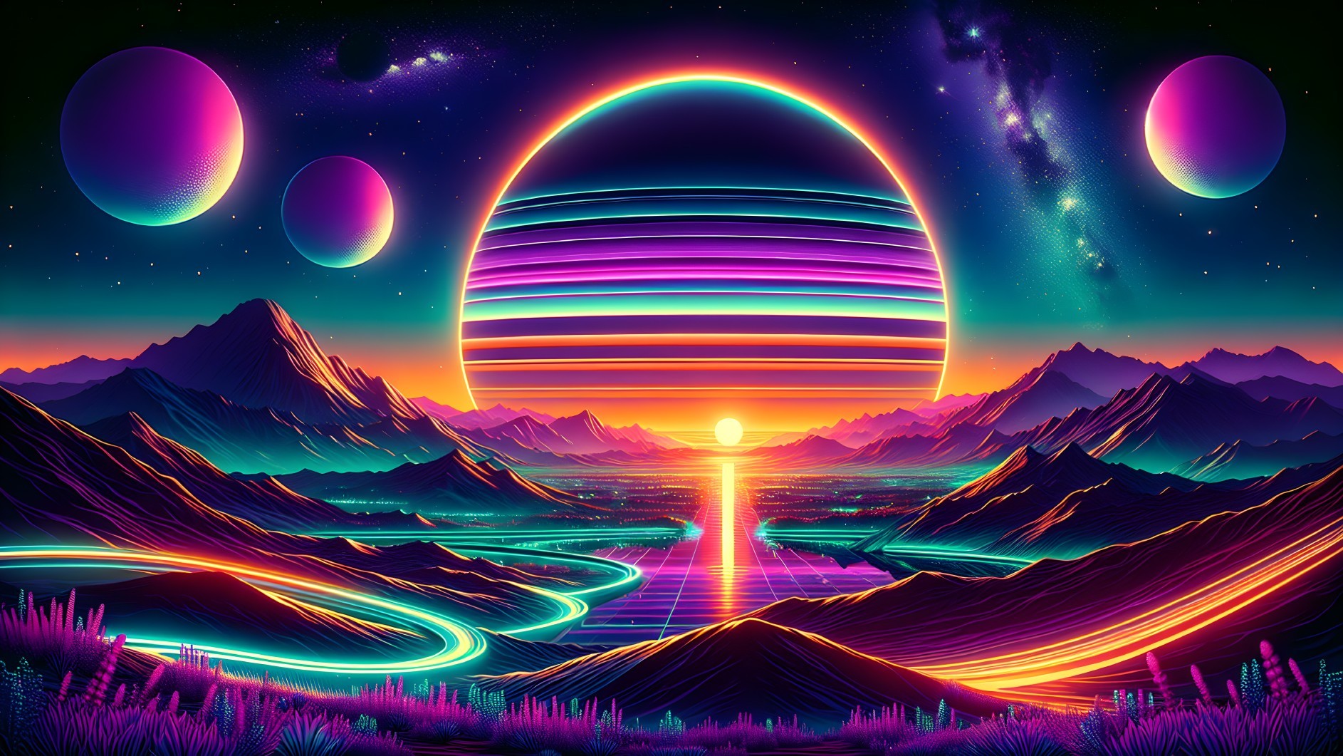 Futuristic landscape with striped planet and glowing rivers