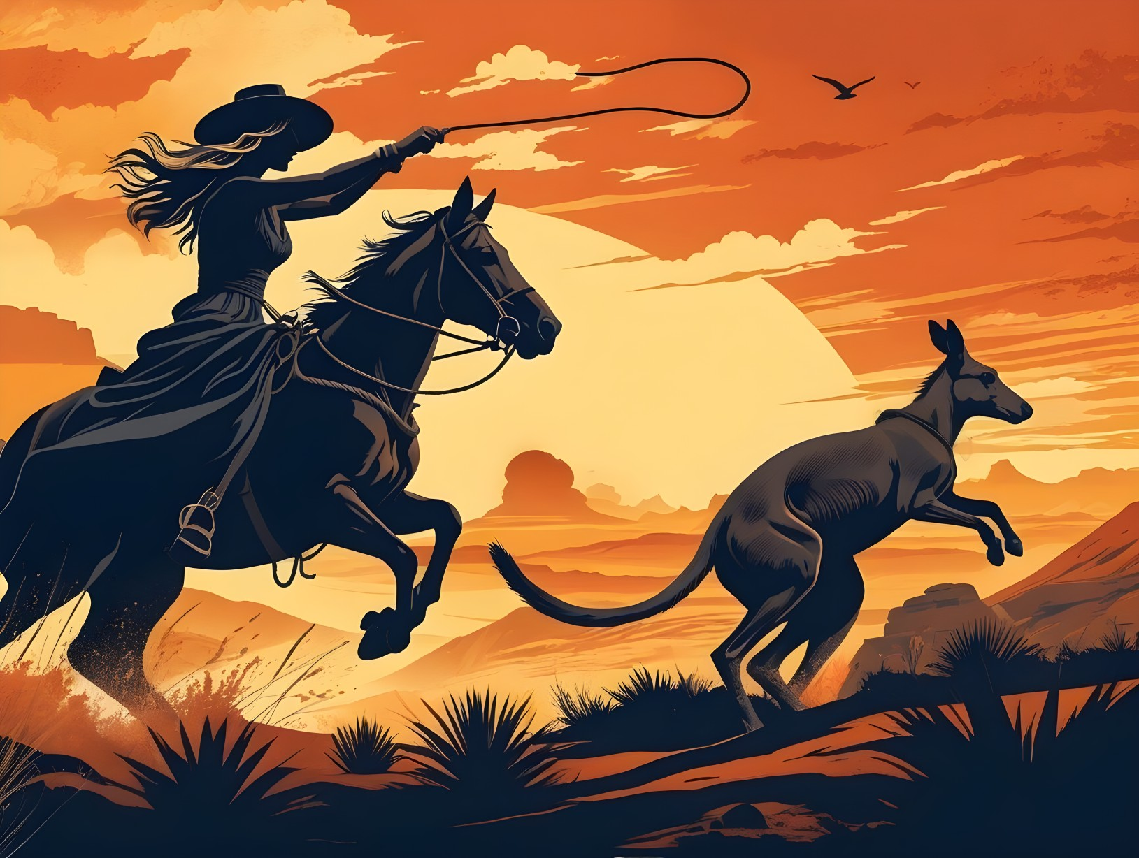 Cowgirl on Horseback Chasing Kangaroo at Sunset