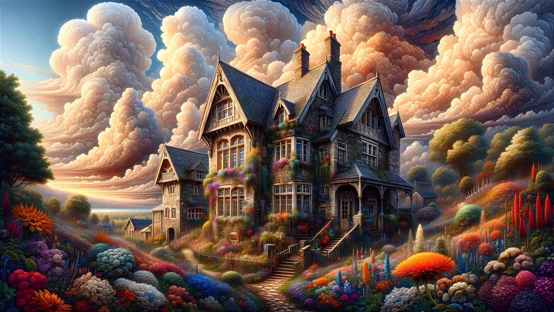 Victorian Mansion Surrounded by Colorful Gardens