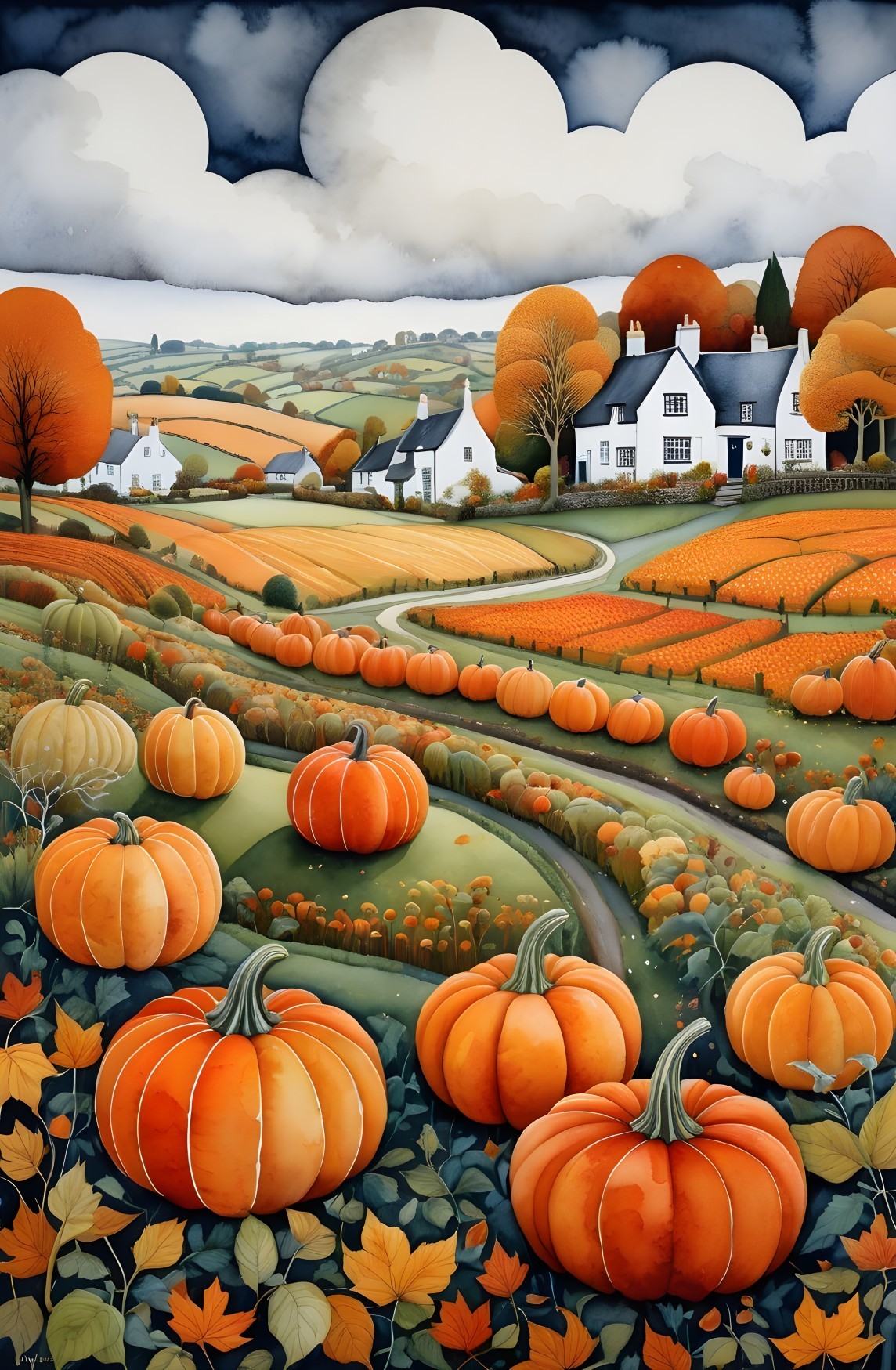 Vibrant Autumn Landscape with Pumpkins and Cottages