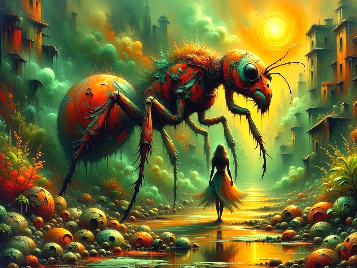 Surreal Landscape with Colossal Ant and Dreamlike Elements