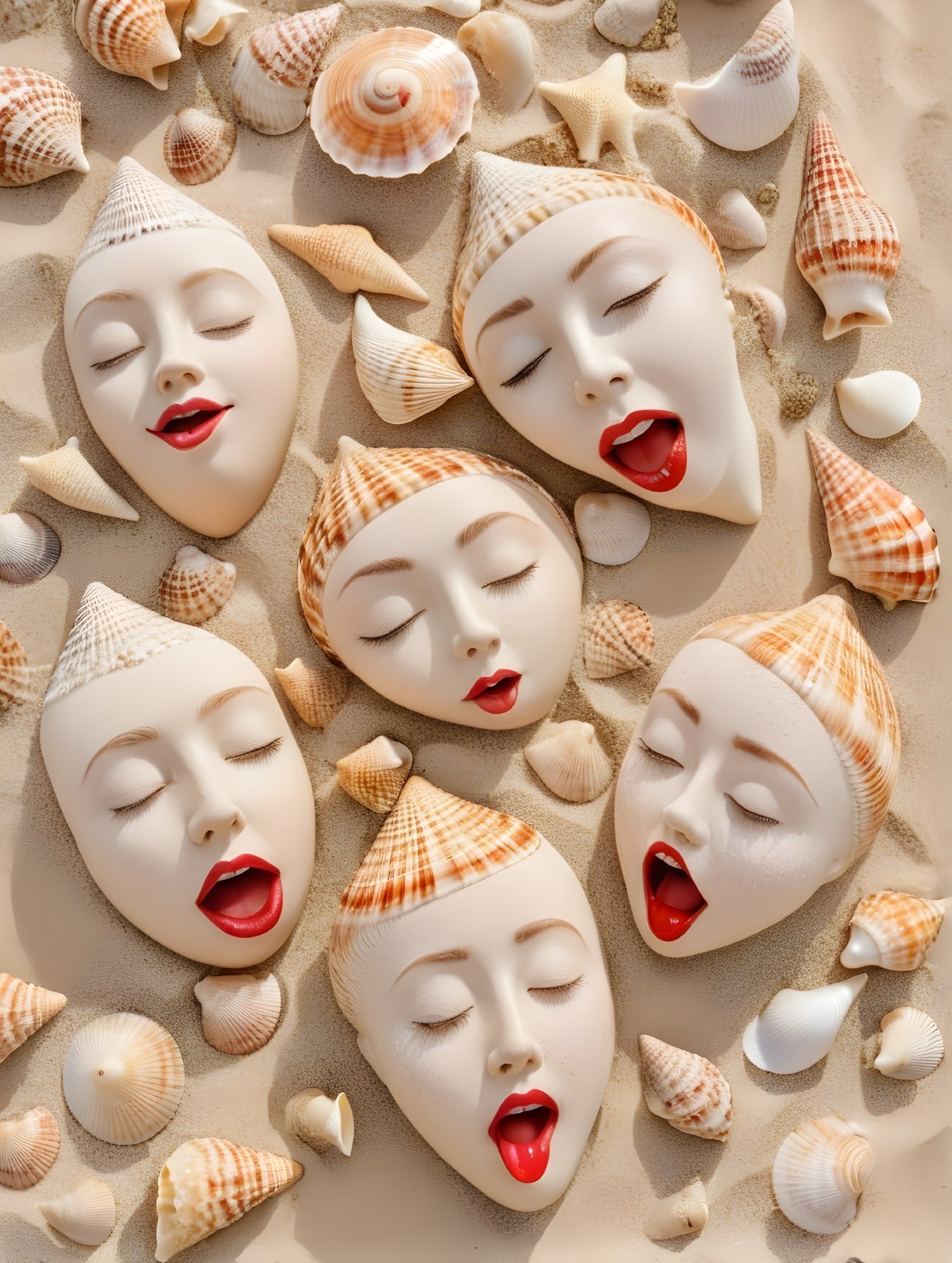 Surreal Porcelain Heads in Whimsical Beach Scene