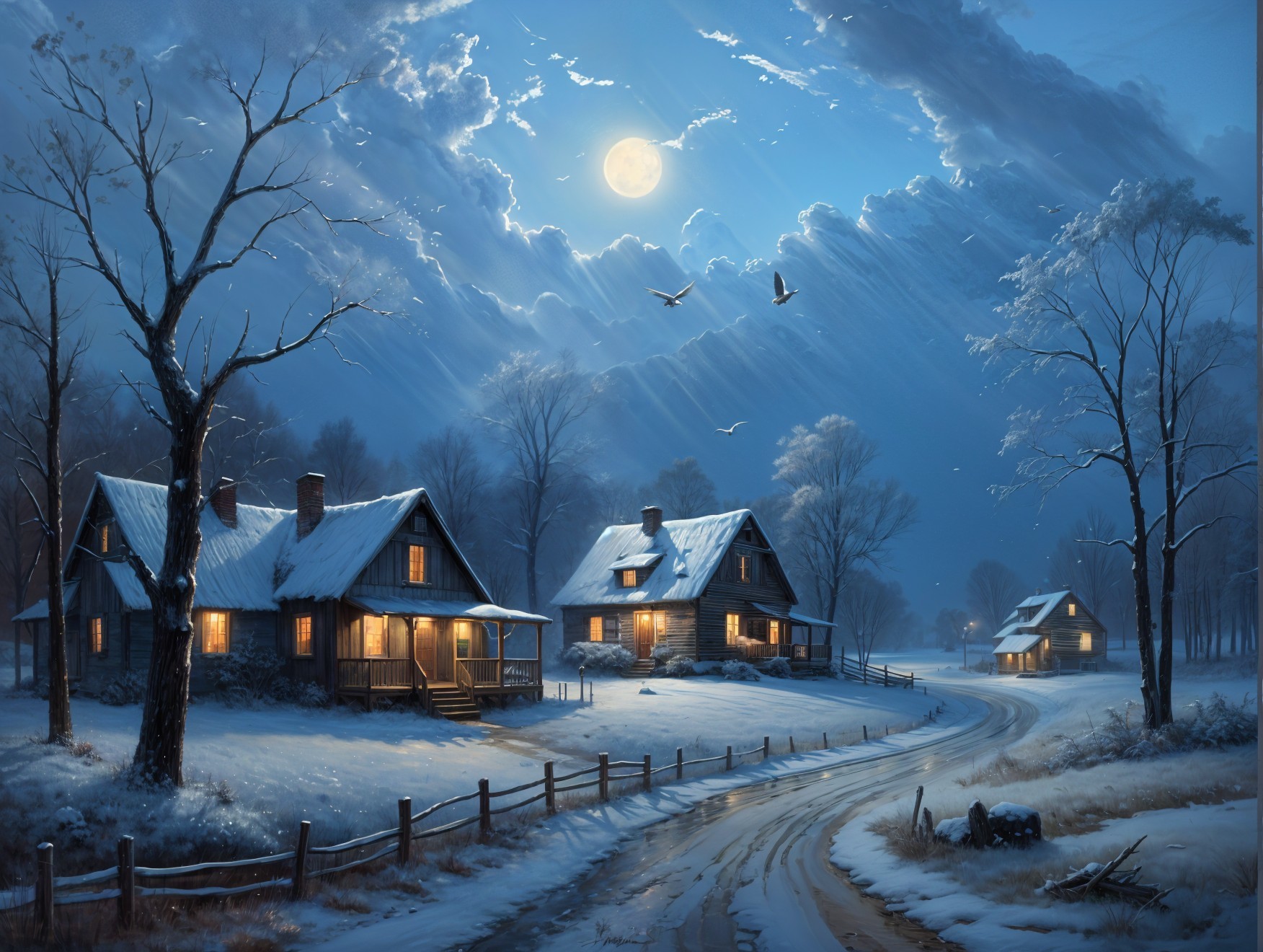 Serene winter landscape under a full moon glow