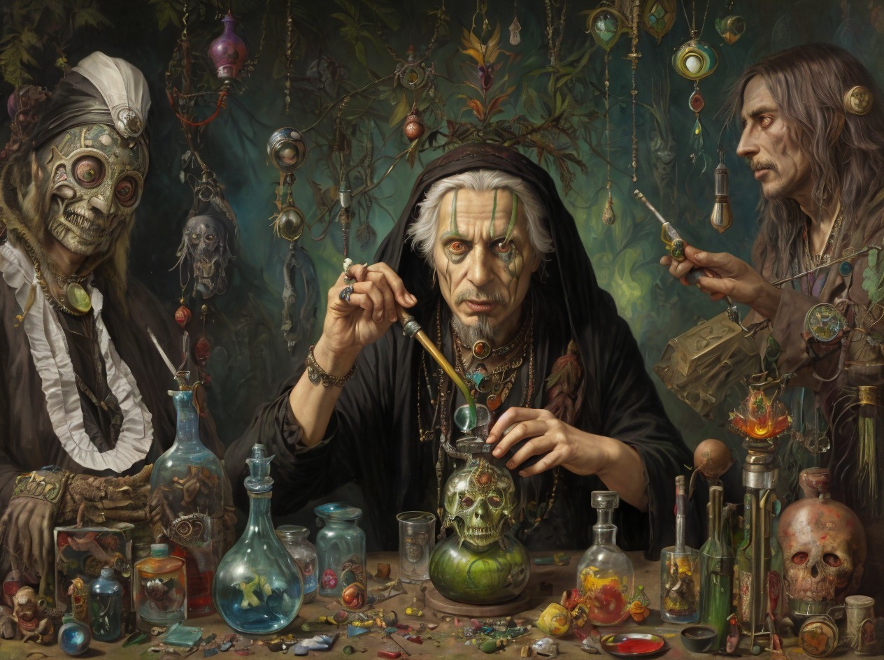 Alchemists Creating Potions at a Long Table