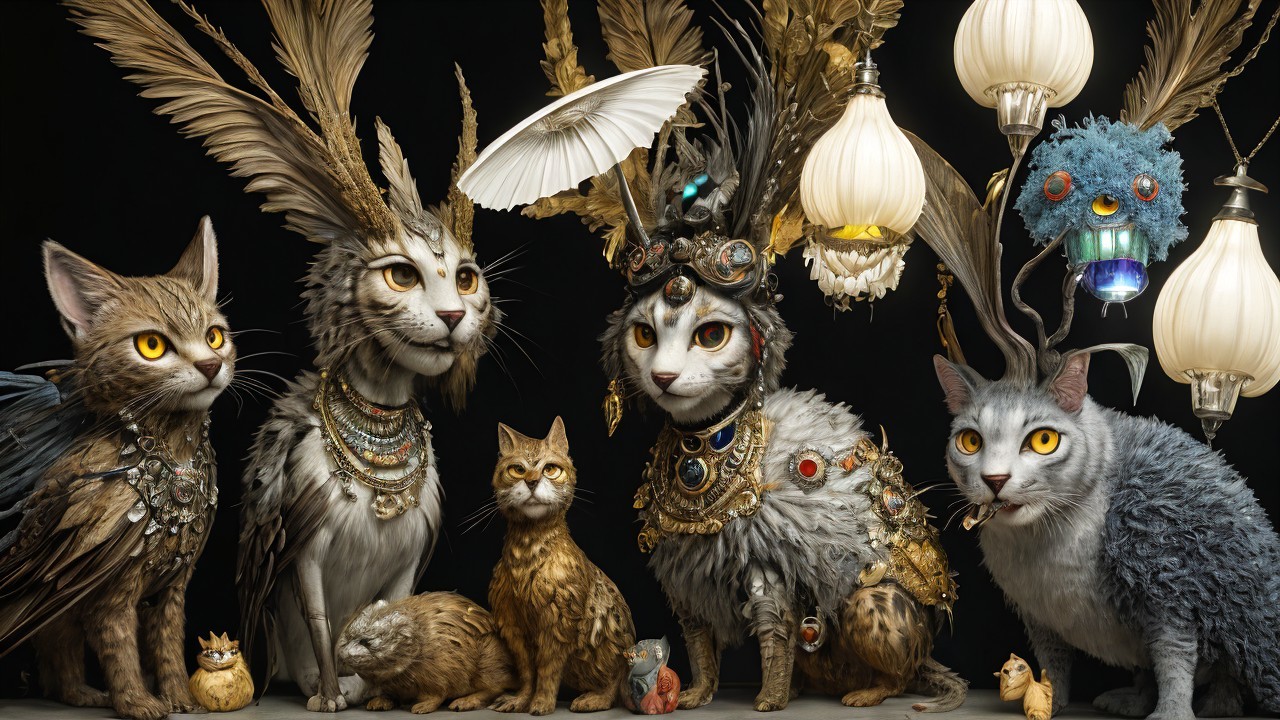 Whimsical Gathering of Elegantly Adorned Felines