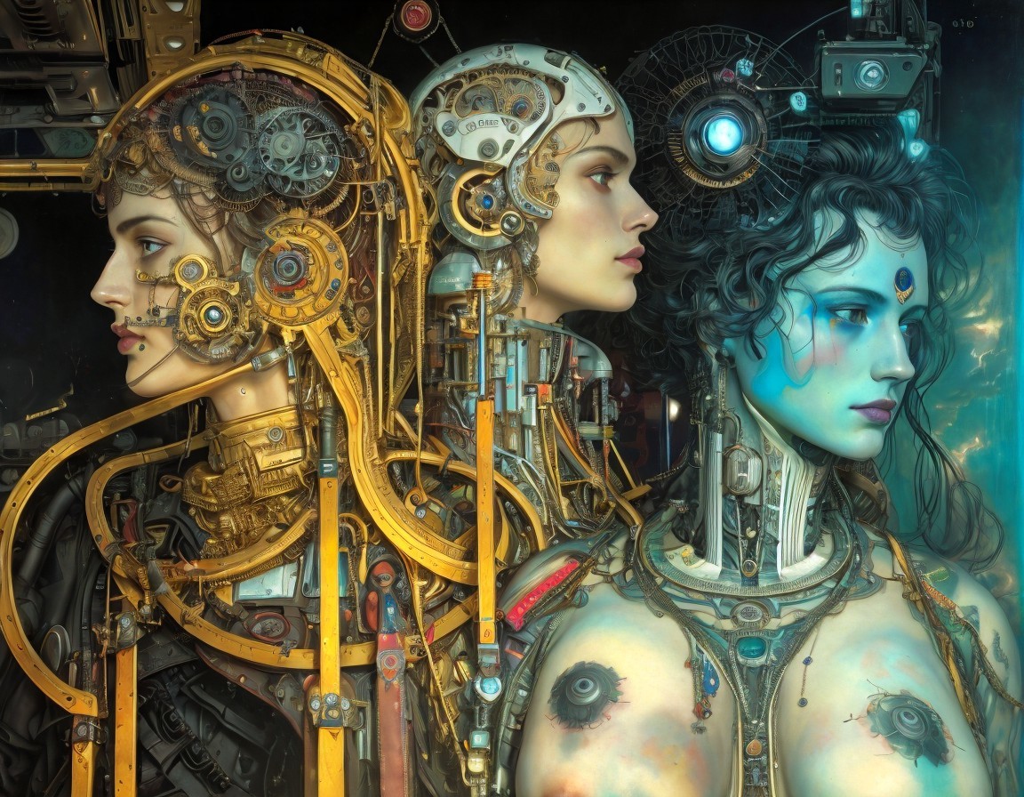Stylized Female Figures with Human-Robotic Fusion
