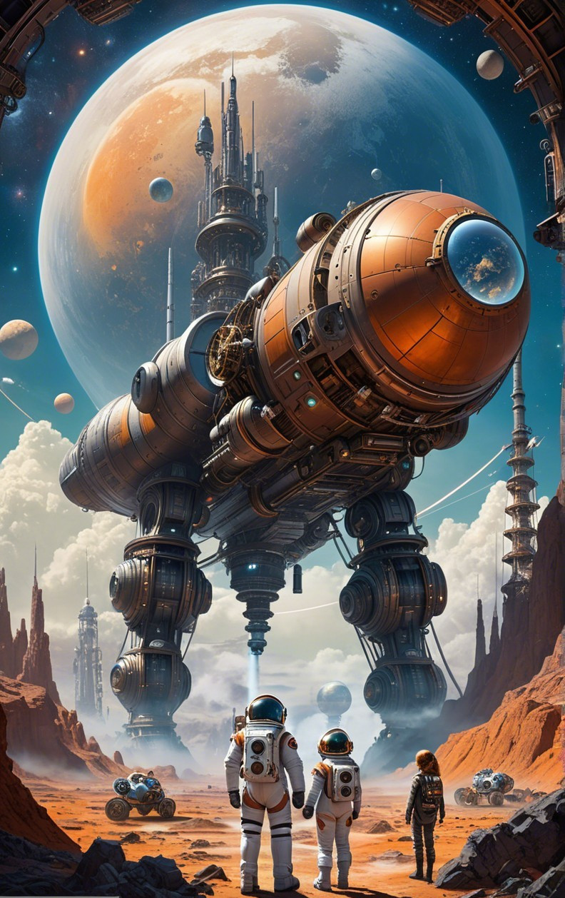 Astronauts in Awe of a Futuristic Spacecraft Landscape