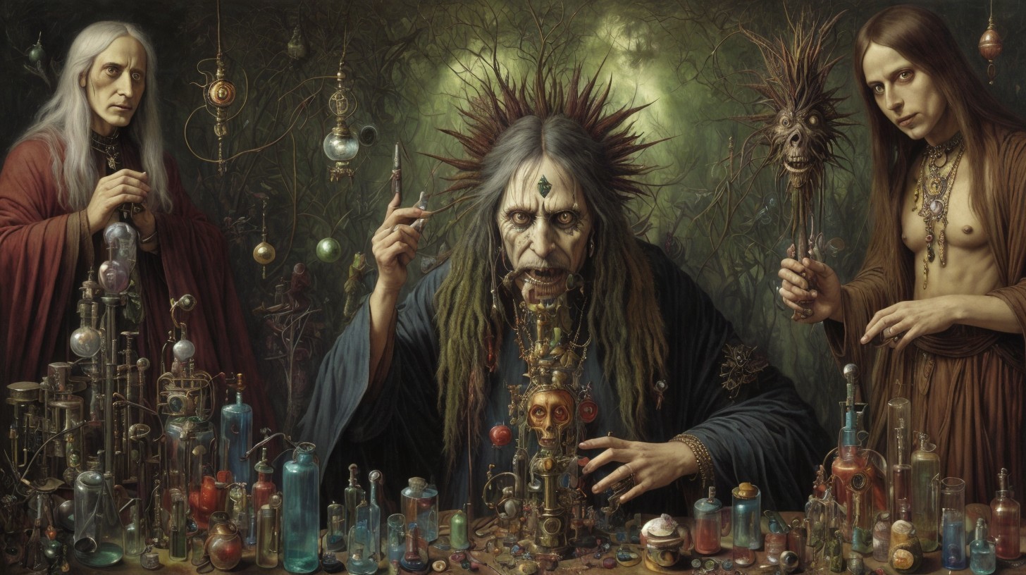 Digital Painting of Three Alchemists in Dark Setting