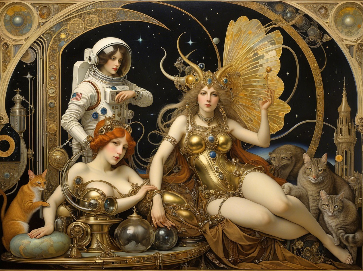 Neo-classical painting of women in space attire and setting