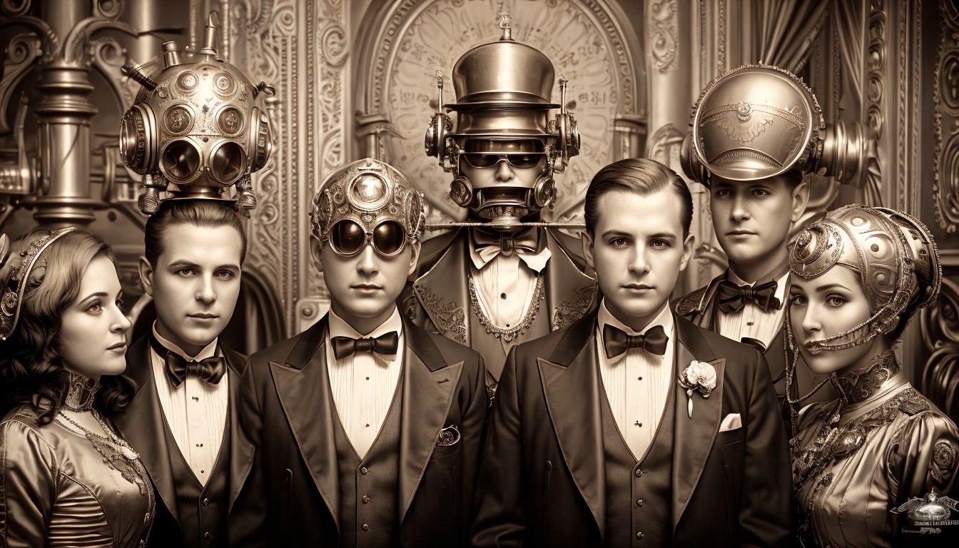 Elegant Group in Vintage Steampunk Attire and Setting