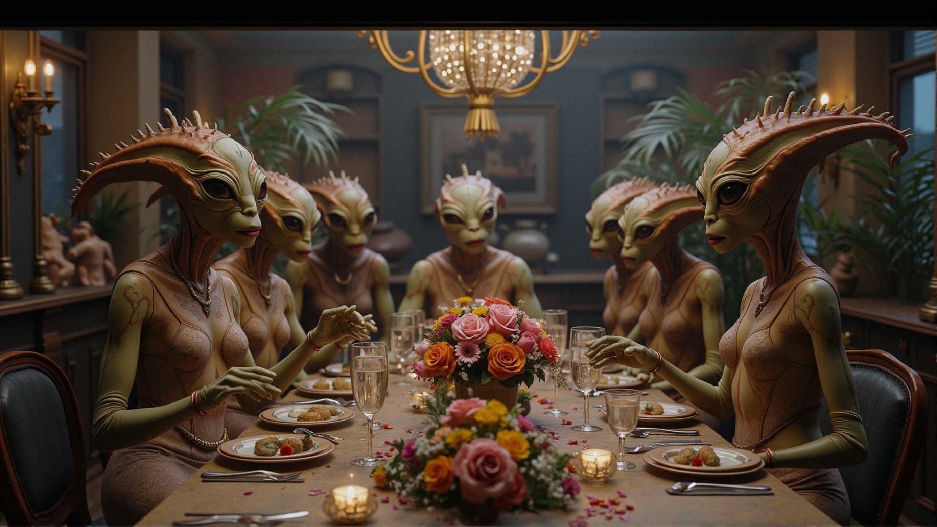 Seven Aliens Dining in a Lavish Room Setting