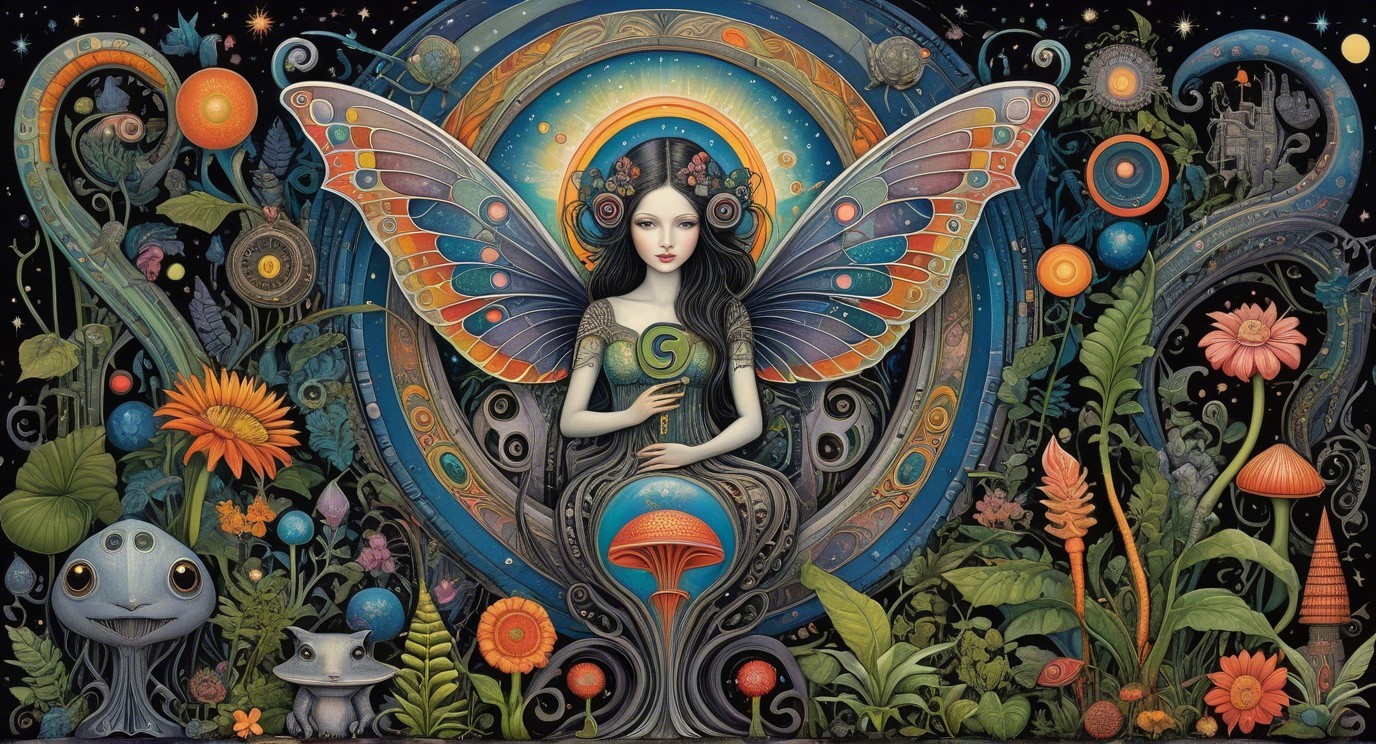 Whimsical Scene of Girl with Butterfly Wings and Nature
