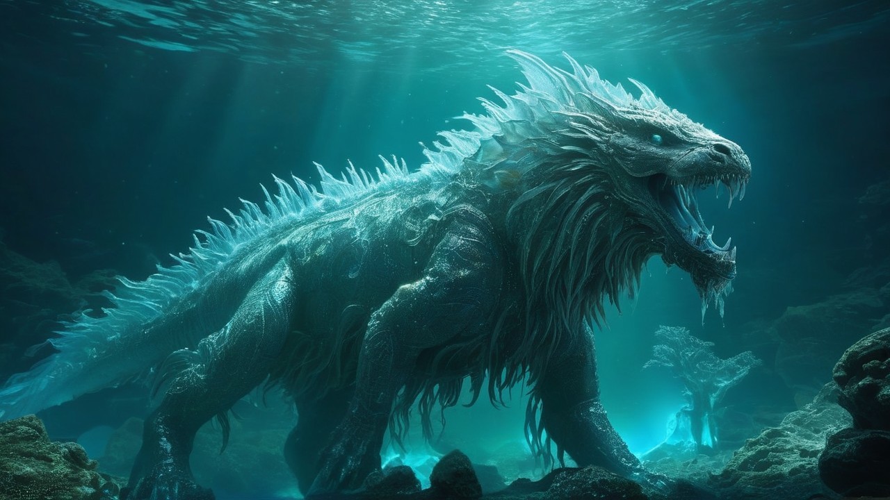 Majestic sea monster in a mystical underwater realm